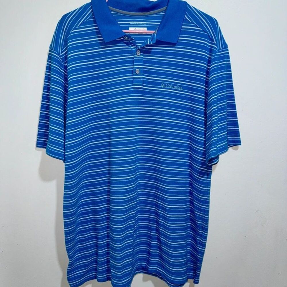 Columbia Omni-Wick Mens Large Polo Shirt Blue White Striped Performance Golf